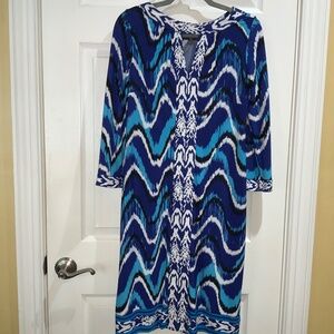 Peck & Peck border print sheath midi dress sz 4 keyhole neckline 3/4 sleeves